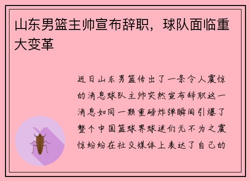 山东男篮主帅宣布辞职，球队面临重大变革