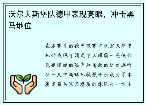 沃尔夫斯堡队德甲表现亮眼，冲击黑马地位
