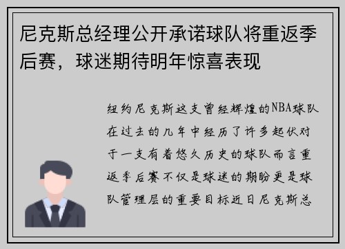 尼克斯总经理公开承诺球队将重返季后赛，球迷期待明年惊喜表现