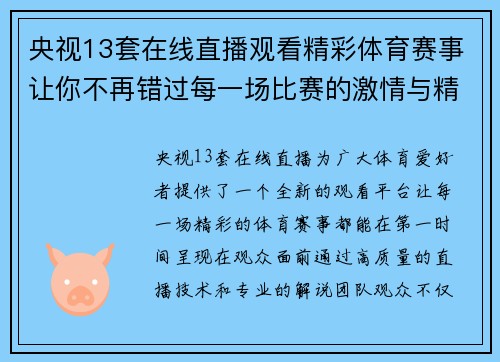 央视13套在线直播观看精彩体育赛事让你不再错过每一场比赛的激情与精彩