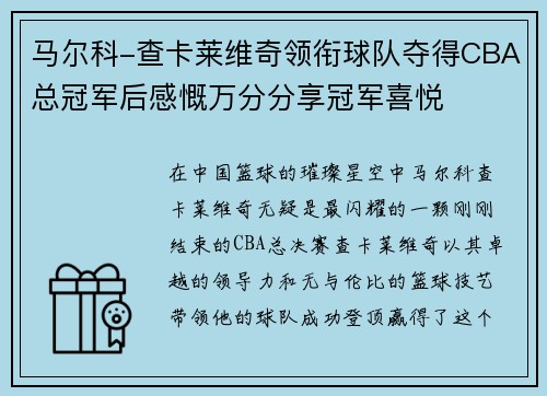 马尔科-查卡莱维奇领衔球队夺得CBA总冠军后感慨万分分享冠军喜悦
