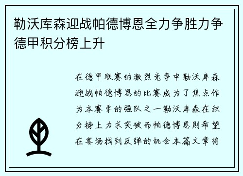 勒沃库森迎战帕德博恩全力争胜力争德甲积分榜上升